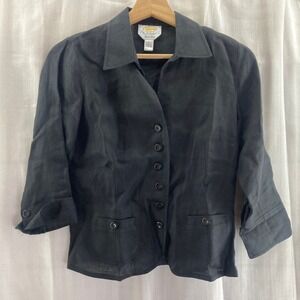 Talbots Petites Irish Linen‎ Black 3/4 Sleeve Button Front Jacket Blazer Size 2
